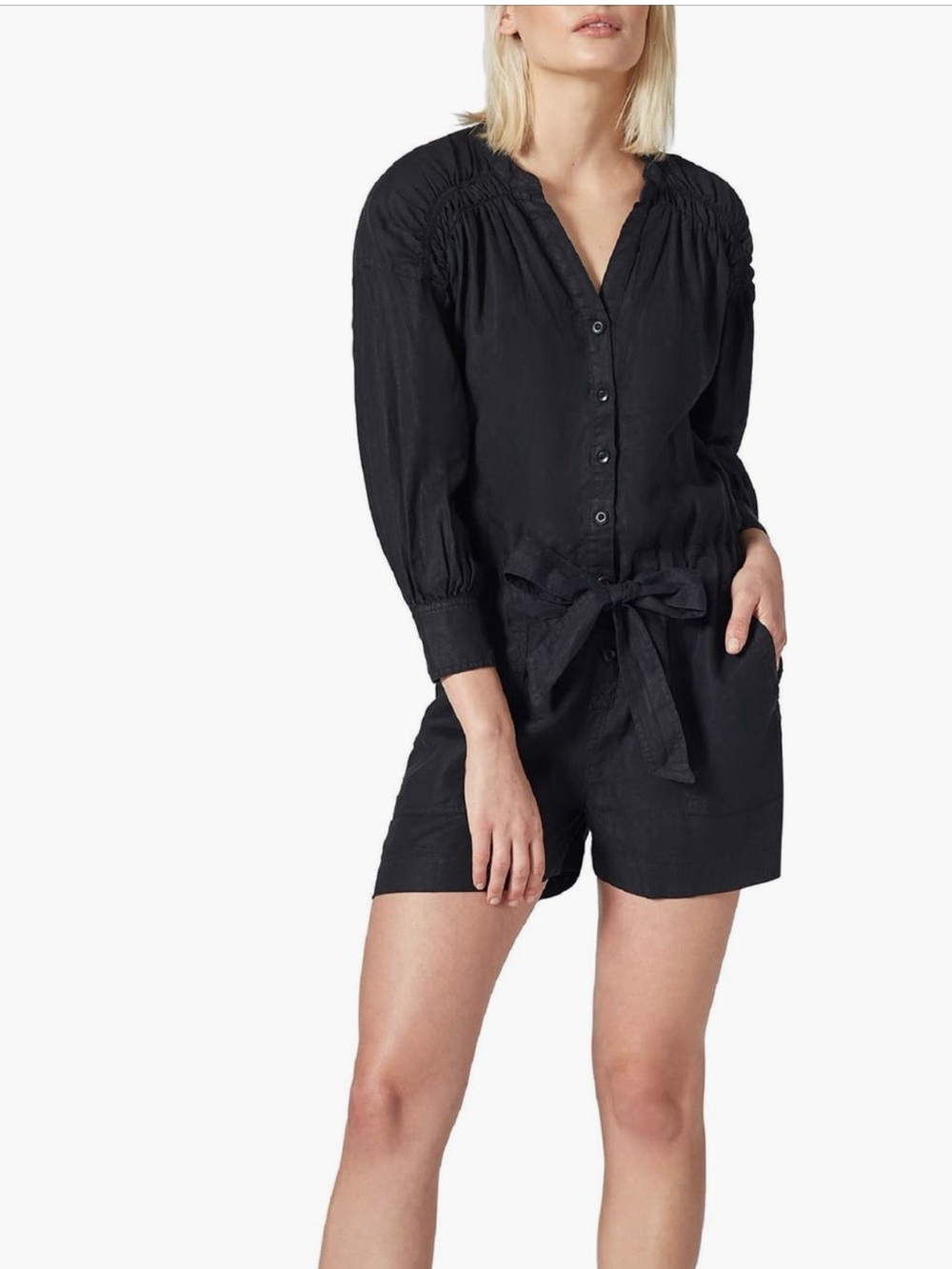 Joie Black Button-Front Tie-Waist linen Romper